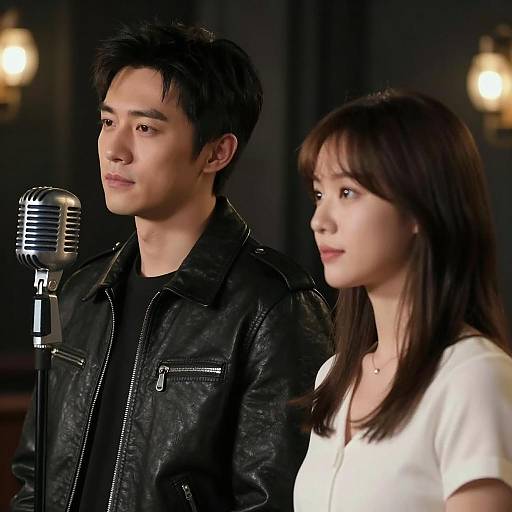 Couple Posed by Vintage Microphone