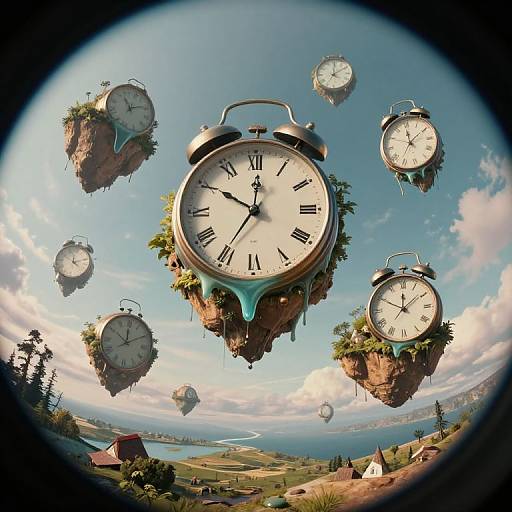 Photograph: Imagination-style, floating vintage alarm clocks with green-blue drips, suspended above a whimsical, blue-sky countryside landscape with houses
