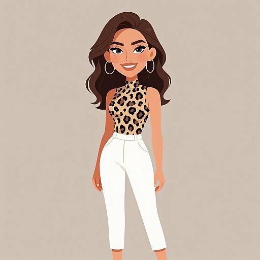 Digital illustration of a smiling woman with wavy brown hair, wearing a leopard-print sleeveless top and white high-waisted pants.