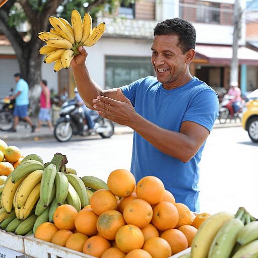 Joyful Brazilian Fruit Vendor in Colombia