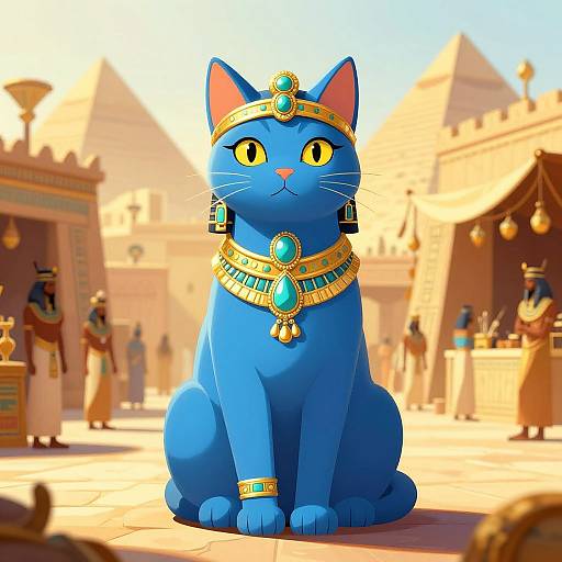 Digital illustration of a regal blue cat with golden jewelry, yellow eyes, and a turquoise gem, sitting in an ancient Egyptian courtyard with pyramids and