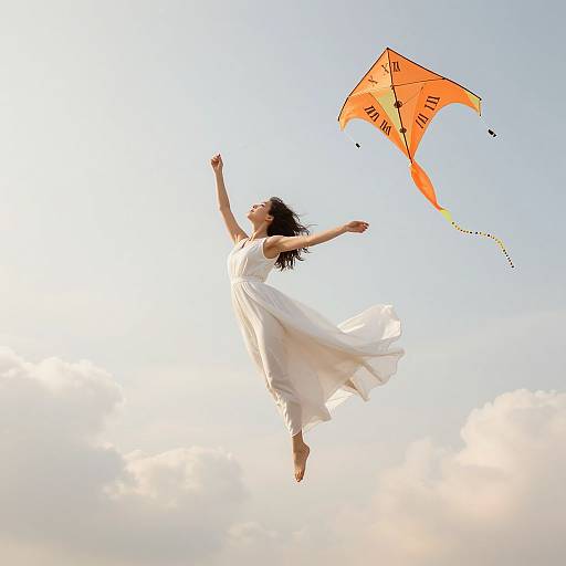 Photograph of a woman with dark hair, wearing a flowing white dress, mid-air, flying an orange kite with black text, against a bright blue