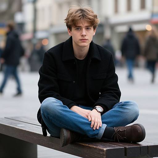 Photograph of a young, Caucasian man with messy brown hair, wearing a black coat, blue jeans, and brown boots, sitting cross-legged on a