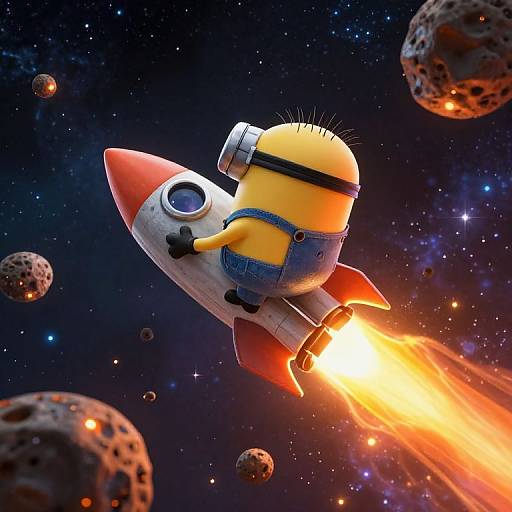 Digital illustration of Minion in a rocket, wearing blue overalls and black goggles, blasting off with a bright orange flame, surrounded by asteroid-filled,