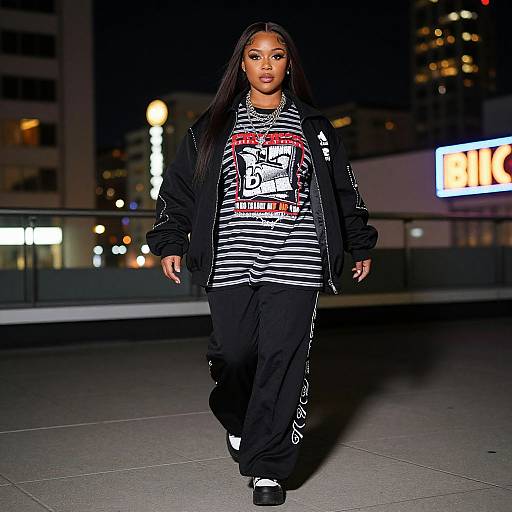 Photograph of a confident Black woman with long hair, wearing a black jacket, striped shirt, and black pants, walking at night in an urban setting