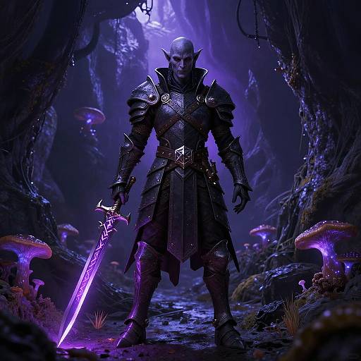 A bald, armored elf warrior with glowing purple sword stands in a dark, mystical forest with glowing mushrooms, illuminated by eerie blue-purple light. Digital art