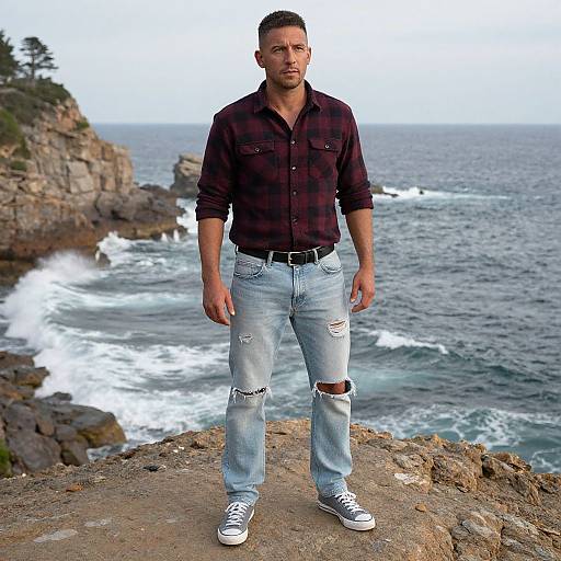 Photograph of a muscular man with short brown hair, wearing a black plaid shirt, light blue ripped jeans, and white sneakers, standing on a