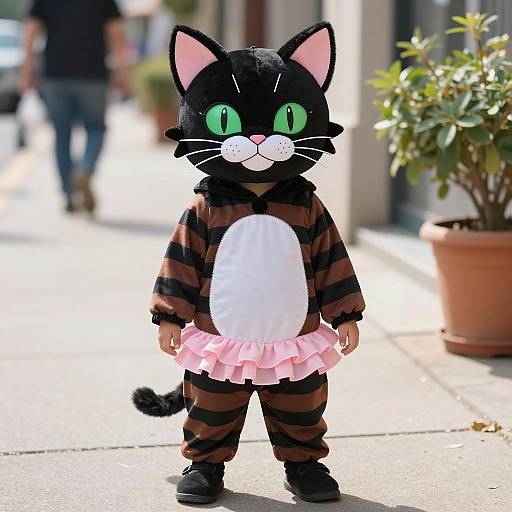 Child in Whimsical Cat Costume on Sidewalk