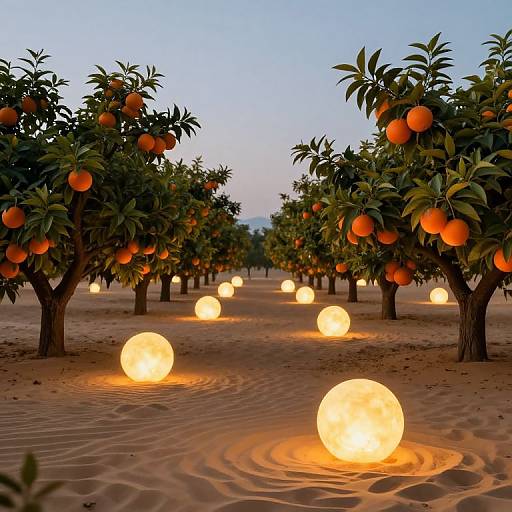 Photograph of a glowing orange grove at dusk, with spherical lanterns illuminating the sand beneath fruit-laden trees, creating a magical, eth