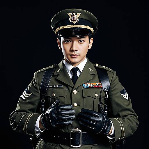 Young Man in Military Uniform with Gloves