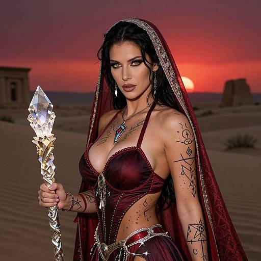 Digital artwork of a tattooed, dark-haired woman in a burgundy, revealing desert outfit holding a glowing crystal staff at sunset.