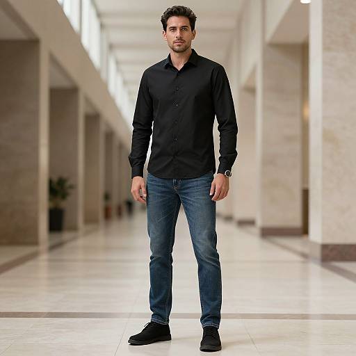 Photograph of a tall, handsome man with short dark hair, wearing a black button-up shirt, blue jeans, and black shoes, standing in a