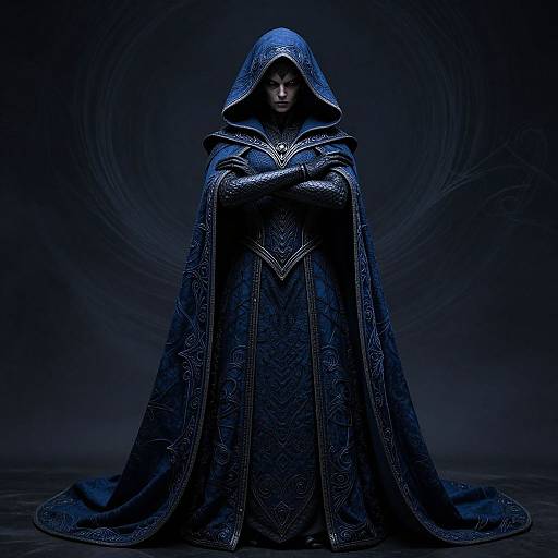Mysterious dark blue hooded figure in ornate, intricately detailed robe, standing center against swirling dark background. Digital art, fantasy style.