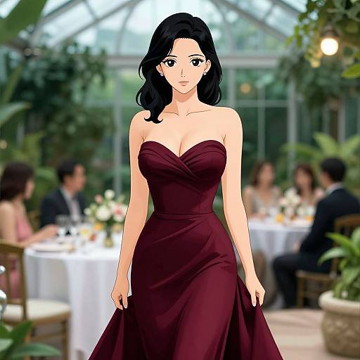 Digital anime-style drawing of a black-haired woman in a strapless, deep burgundy dress, standing in a lush, sunlit greenhouse restaurant with blurred
