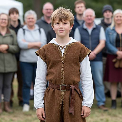 Photograph of a young boy in a brown medieval tunic with white shirt, standing in front of a blurred group of adults outdoors.