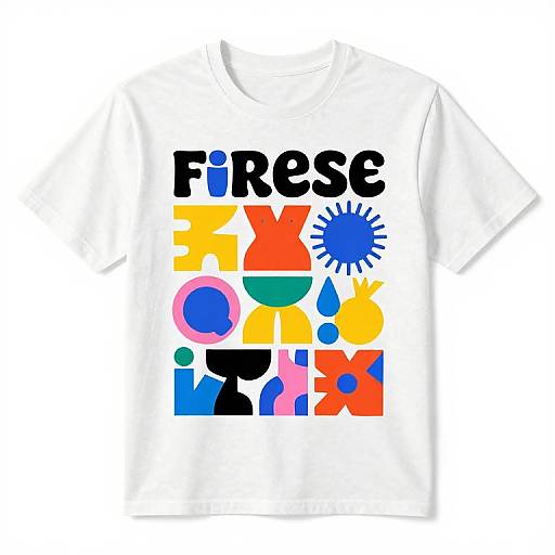 White T-shirt with bold, colorful, abstract text 