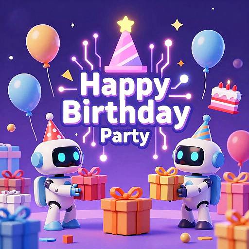 Digital illustration of two cute, robotic, birthday-themed characters with glowing eyes, wearing party hats, holding gifts, surrounded by balloons and presents, with 