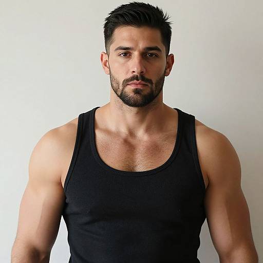 Photograph of a muscular, bearded man with dark hair, wearing a black tank top, standing against a plain white background.