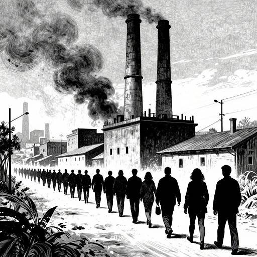 Monochrome Silhouettes Marching to Furnace