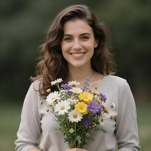 Smiling Woman Holding Wildflower Bouquet