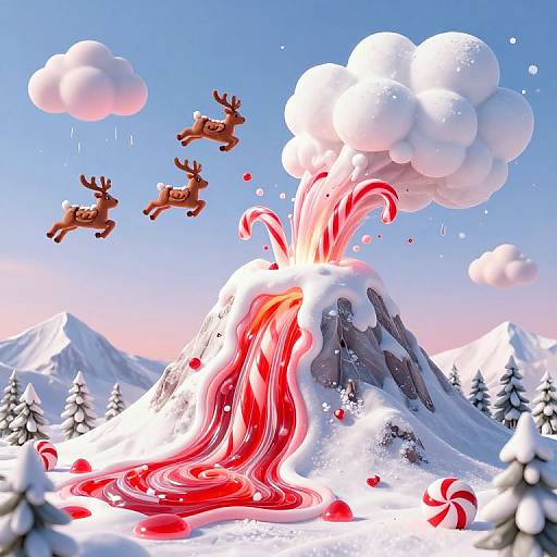 Digital illustration of a erupting candy mountain with red and white swirls, reindeer flying overhead, snow-covered landscape, and fluffy clouds.