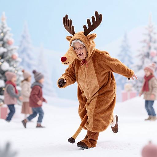 Photograph of a child in a brown reindeer costume with antlers, running joyfully in a snowy, festive outdoor setting with blurred holiday decorations in