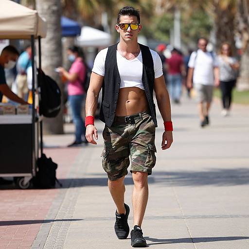 Photograph of a toned, dark-haired man in a white crop top, black vest, camouflage shorts, red wristbands, and sunglasses, walking on