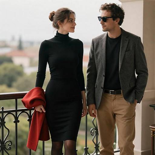 Couple on Ornate Balcony in Greenery