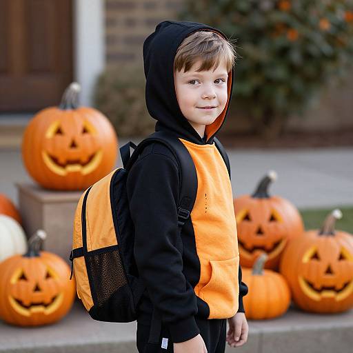 Photograph of a young boy with light brown hair, wearing a black hoodie and orange shirt, black backpack, standing in front of carved pumpkins on