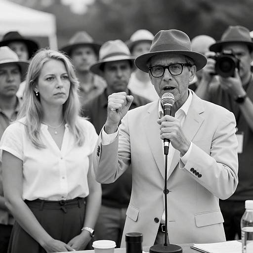 Man Speaking at Outdoor Rally with Supporters