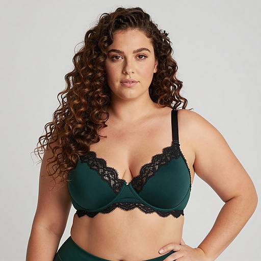 Curvy Woman in Dark Green Bra with Black Lace