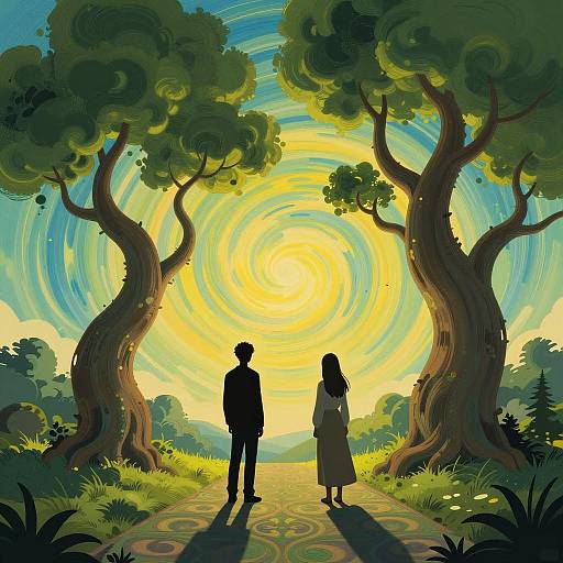 Vibrant Surreal Landscape with Shadowed Figures