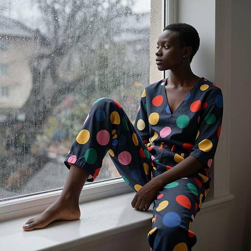 Colorful Polka Dot Woman by Rainy Window
