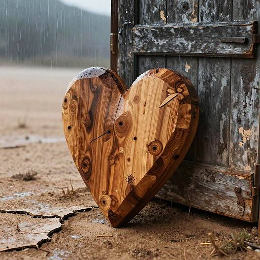 Wooden Heart in Rainy Desert