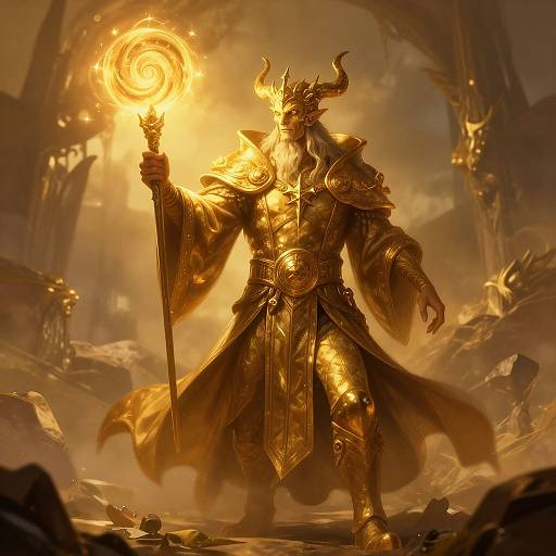 Digital artwork of a golden, horned demon warrior holding a glowing, circular magic orb in a dark, fiery, ruined temple.