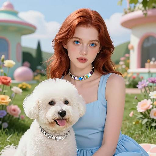 Digital artwork of a fair-skinned, red-haired woman in a blue dress, wearing a colorful choker, with a white fluffy dog, both in