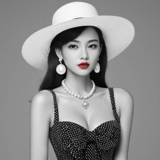 Elegant woman in wide-brim hat and pearl jewelry