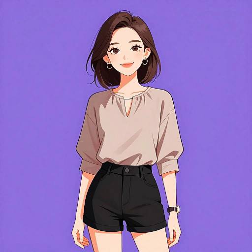 Digital anime-style drawing of a smiling young woman with short brown hair, wearing a beige blouse and black shorts, against a purple background.