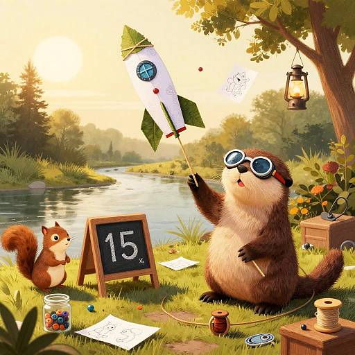 Otter Inventor Launching Handmade Paper Rocket by Riverbank