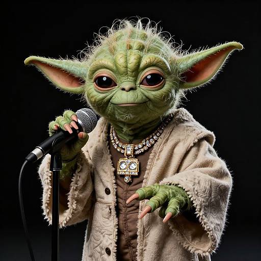 CGI image of a green, big-eyed, spiky-haired goblin-like creature wearing a fuzzy beige jacket, brown shirt, and necklace, holding