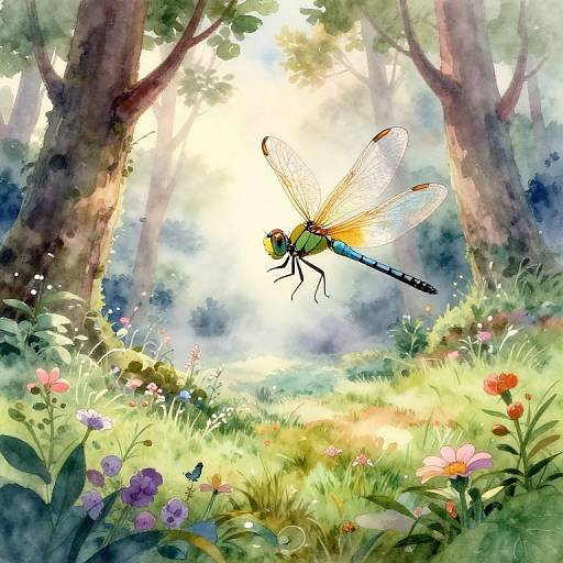 Digital painting of a vibrant dragonfly with translucent wings, flying over a sunlit forest clearing filled with colorful flowers and butterflies.