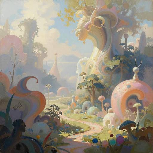 Whimsical digital painting of a surreal, sunlit landscape with colorful, swirling mushrooms, pastel buildings, and abstract shapes, bathed in light