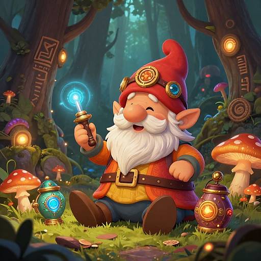 Chubby, white-bearded gnome with red hat and orange clothes, holding glowing blue wand, surrounded by mushrooms, lanterns, and enchanted forest.
