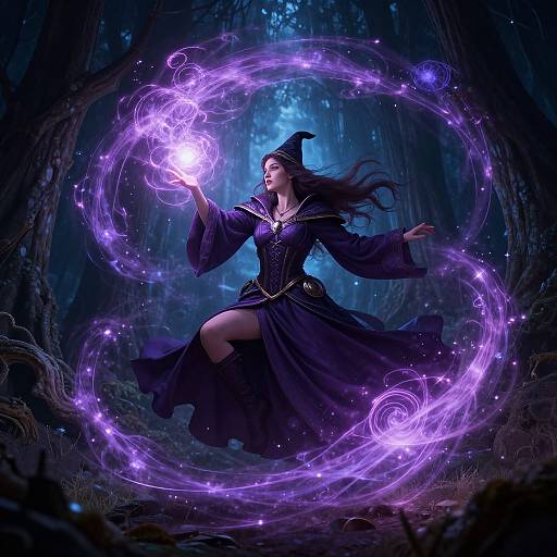 Digital fantasy artwork of a glowing purple-eyed witch in a dark robe, conjuring a magical, swirling purple aura in a dark, enchanted forest.