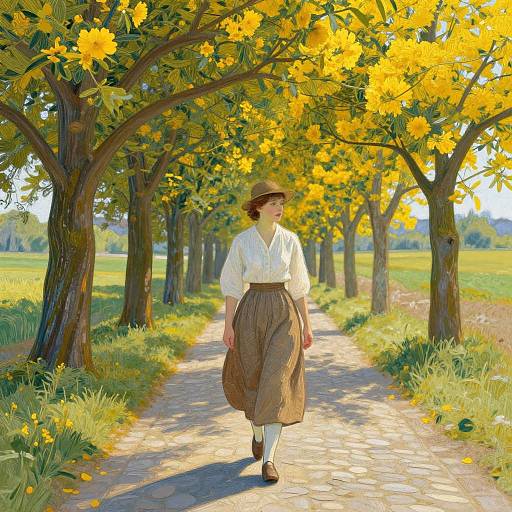 A woman in a white blouse, brown skirt, and hat walks down a sunlit path lined with vibrant yellow-flowered trees. Digital painting.