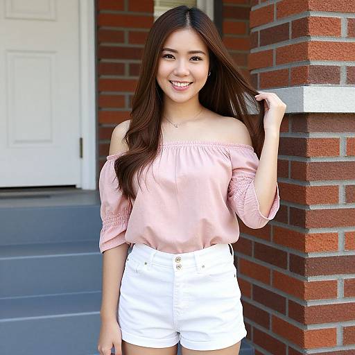 Photograph of a smiling Asian woman with long dark hair, wearing a pink off-shoulder top and white shorts, standing in front of a red
