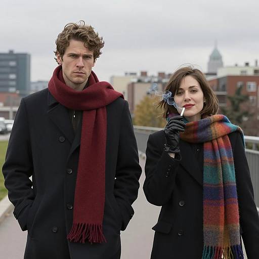 Two People Walking Outdoors in Winter Coats