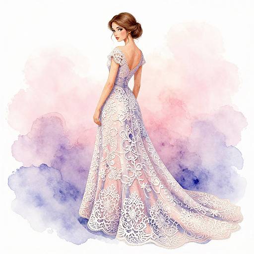 Elegant Woman in Detailed Lace Dress Watercolor