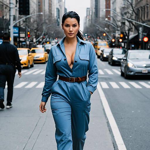 Woman in Powder Blue Jumpsuit Walking in City