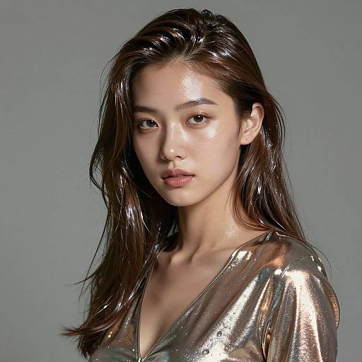 Photograph of an Asian woman with sleek, shiny black hair wearing a silver, metallic V-neck top against a gray background.